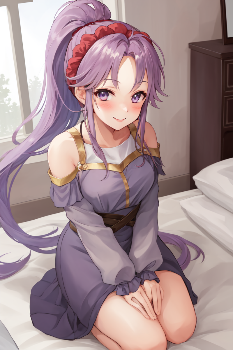 <lora:Tailtiu_FE-10:0.7> tailtiu fe, ponytail, 1girl, solo, blush, indoors, bed, bedroom, seiza, from above, looking at vi...